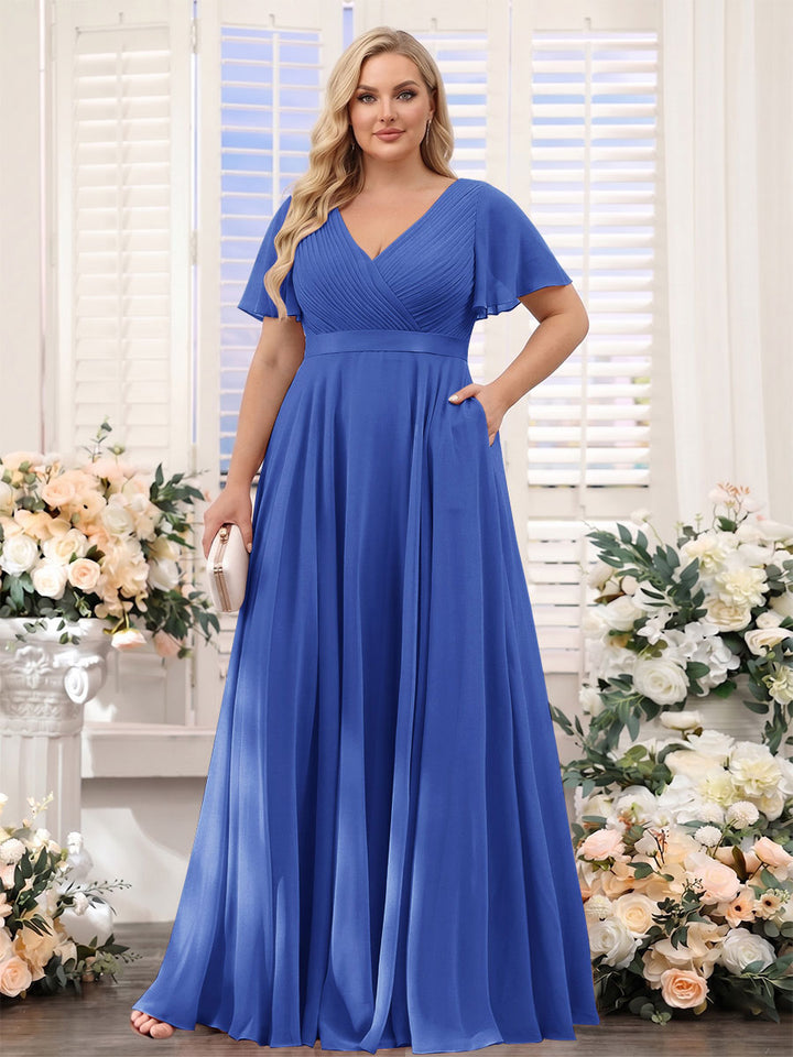 A-Line V-Neck Short Sleeves Chiffon Plus Size Bridesmaid Dresses with Pockets