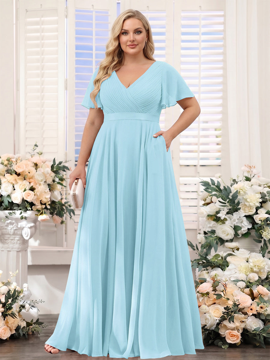 A-Line V-Neck Short Sleeves Chiffon Plus Size Bridesmaid Dresses with Pockets