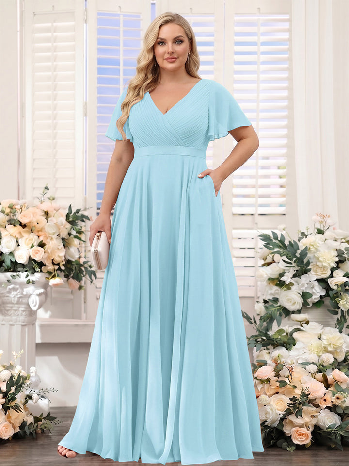 A-Line V-Neck Short Sleeves Chiffon Plus Size Bridesmaid Dresses with Pockets
