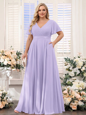 A-Line V-Neck Short Sleeves Chiffon Plus Size Bridesmaid Dresses with Pockets