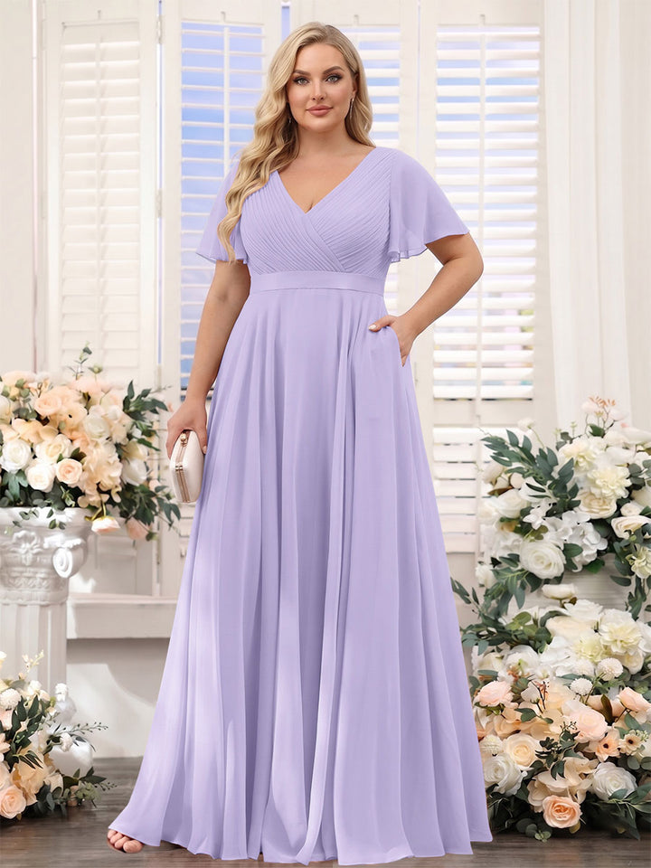 A-Line V-Neck Short Sleeves Chiffon Plus Size Bridesmaid Dresses with Pockets