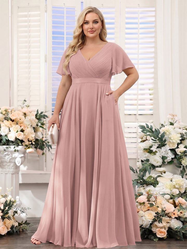 A-Line V-Neck Short Sleeves Chiffon Plus Size Bridesmaid Dresses with Pockets