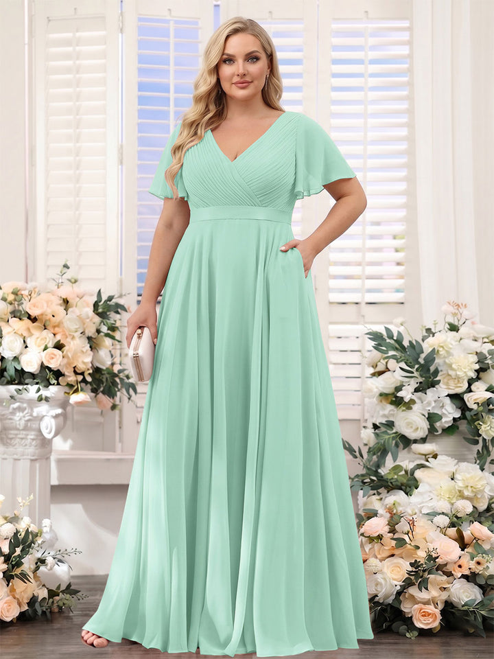 A-Line V-Neck Short Sleeves Chiffon Plus Size Bridesmaid Dresses with Pockets