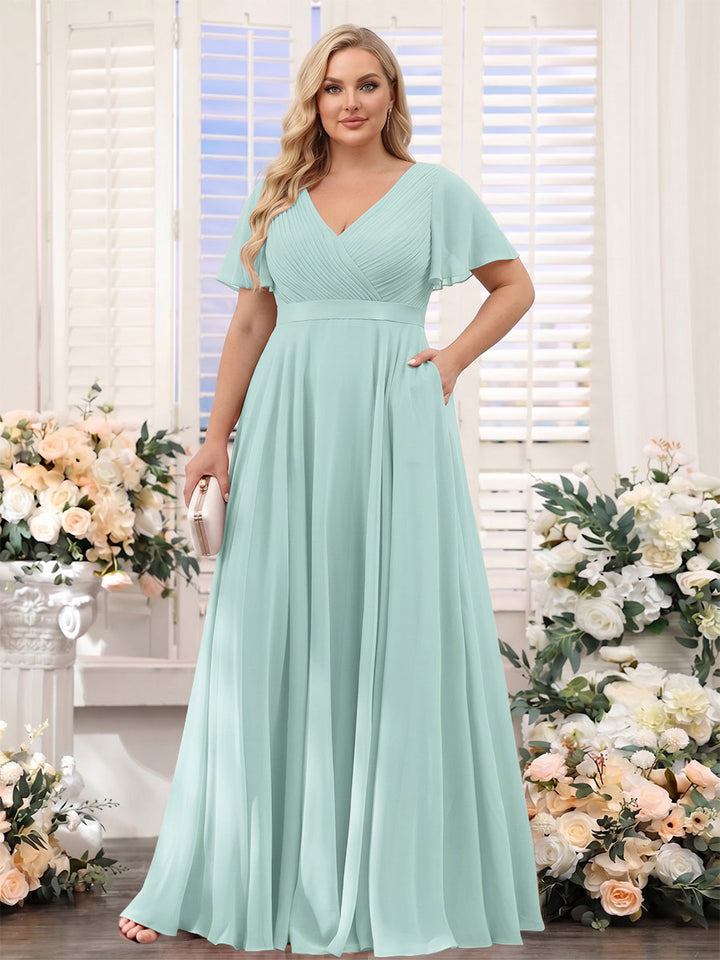A-Line V-Neck Short Sleeves Chiffon Plus Size Bridesmaid Dresses with Pockets