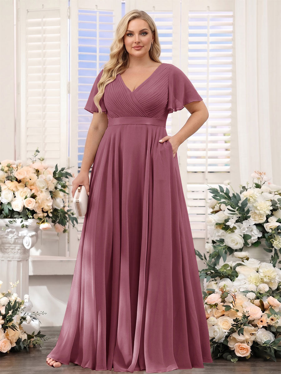 A-Line V-Neck Short Sleeves Chiffon Plus Size Bridesmaid Dresses with Pockets