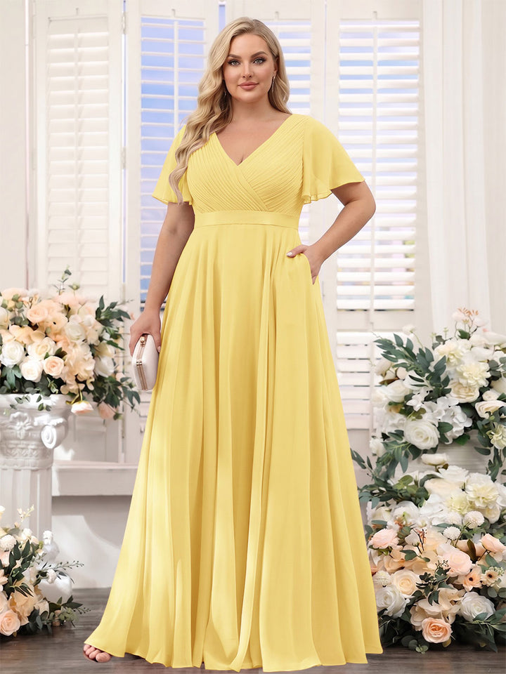 A-Line V-Neck Short Sleeves Chiffon Plus Size Bridesmaid Dresses with Pockets