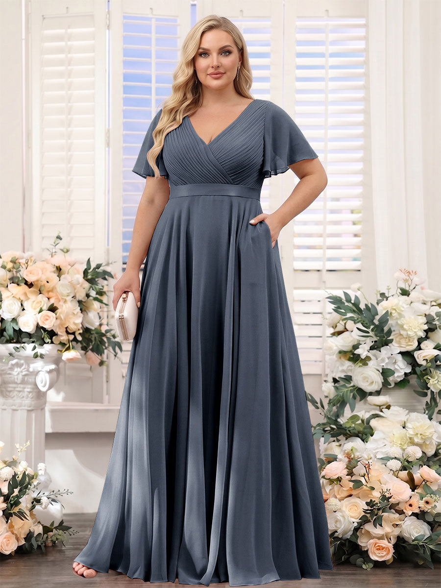 A-Line V-Neck Short Sleeves Chiffon Plus Size Bridesmaid Dresses with Pockets