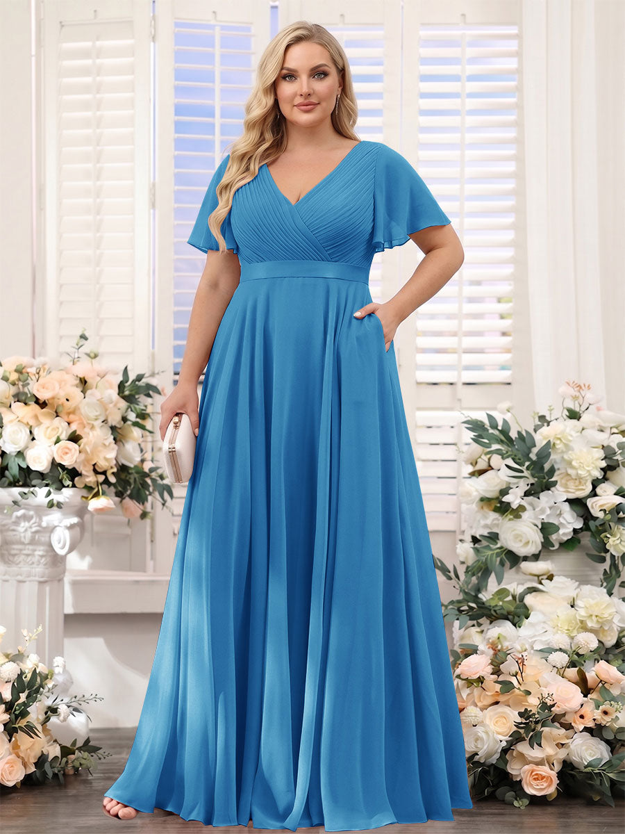 A-Line V-Neck Short Sleeves Chiffon Plus Size Bridesmaid Dresses with Pockets