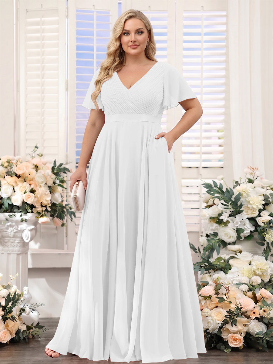 A-Line V-Neck Short Sleeves Chiffon Plus Size Bridesmaid Dresses with Pockets