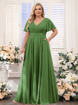 A-Line V-Neck Short Sleeves Chiffon Plus Size Bridesmaid Dresses with Pockets
