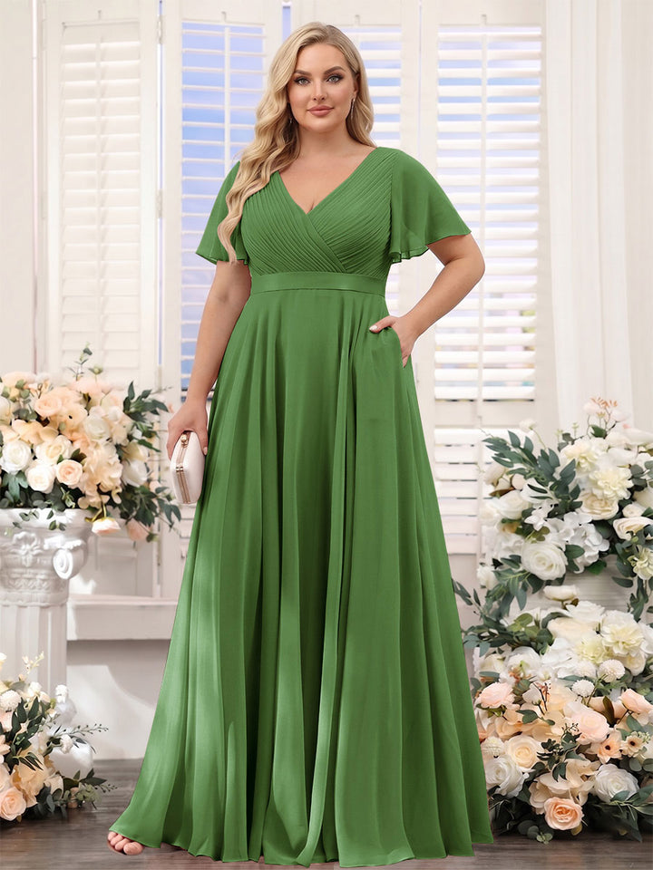 A-Line V-Neck Short Sleeves Chiffon Plus Size Bridesmaid Dresses with Pockets