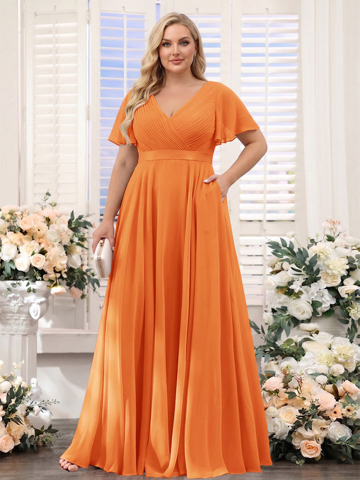 A-Line V-Neck Short Sleeves Chiffon Plus Size Bridesmaid Dresses with Pockets