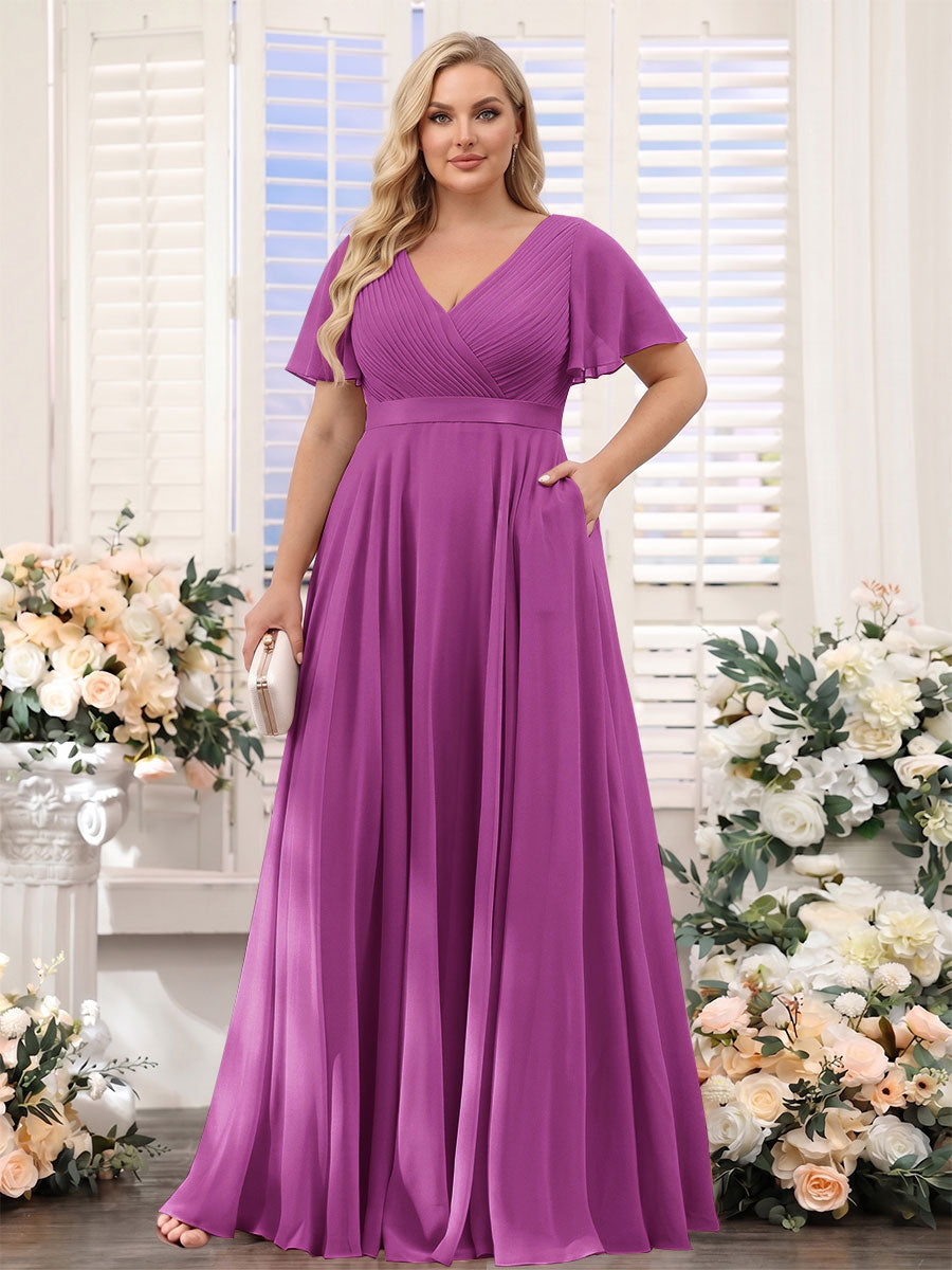 A-Line V-Neck Short Sleeves Chiffon Plus Size Bridesmaid Dresses with Pockets