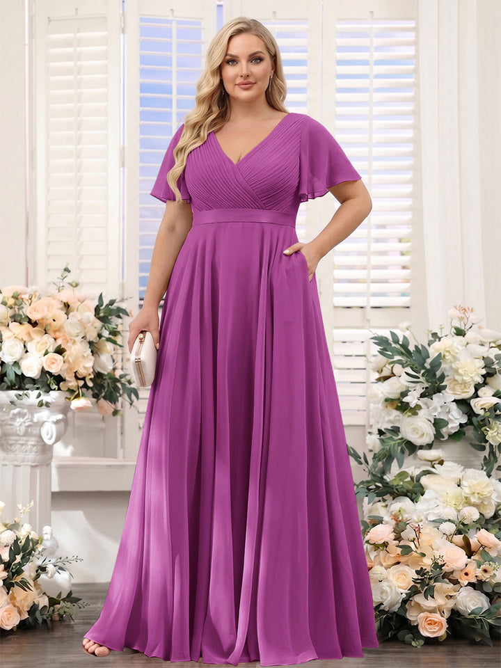A-Line V-Neck Short Sleeves Chiffon Plus Size Bridesmaid Dresses with Pockets