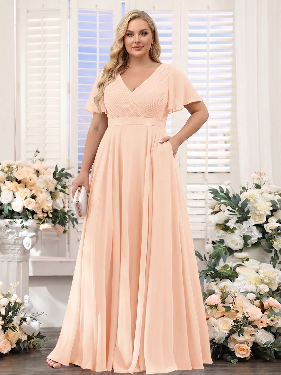A-Line V-Neck Short Sleeves Chiffon Plus Size Bridesmaid Dresses with Pockets