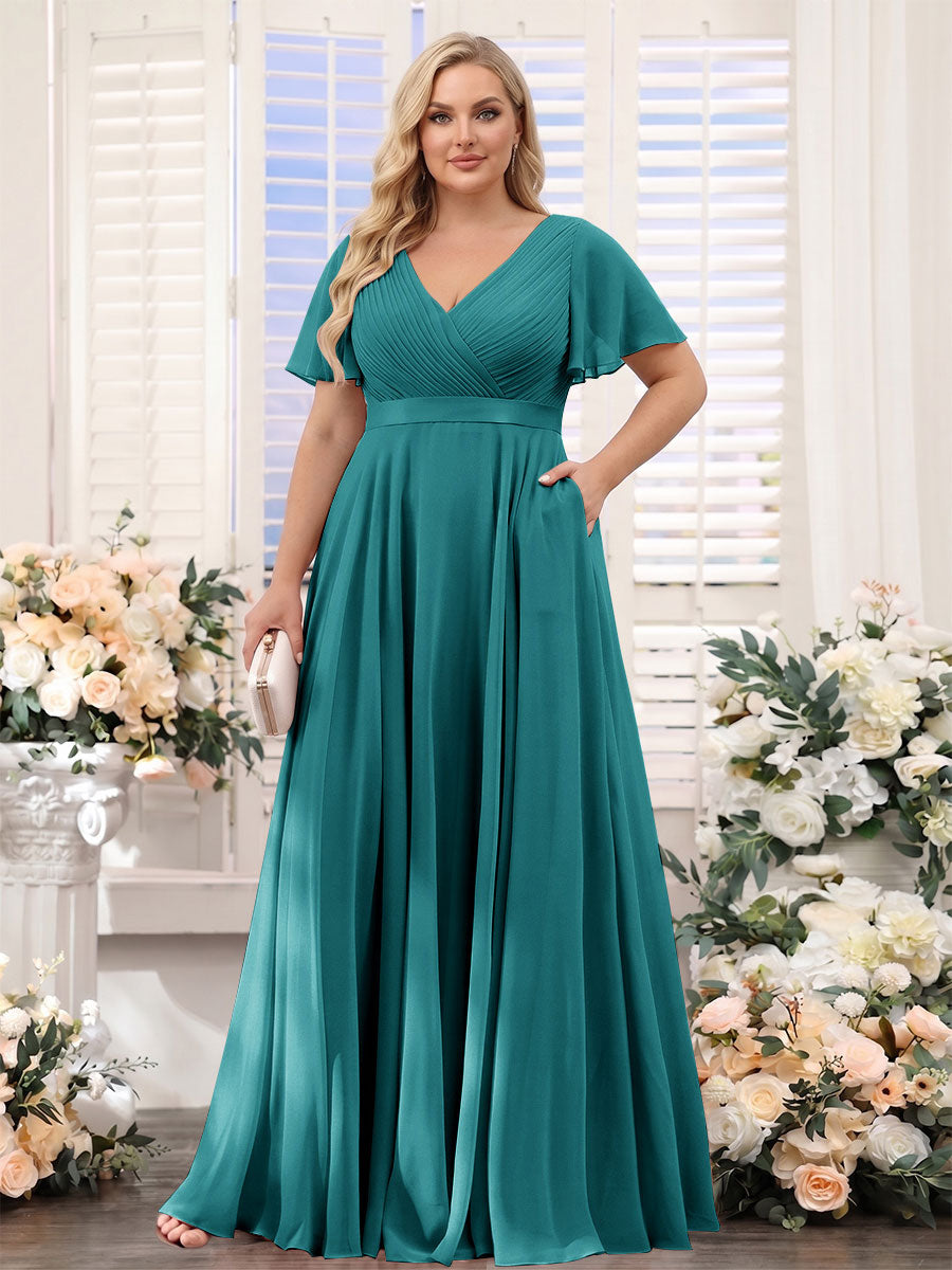 A-Line V-Neck Short Sleeves Chiffon Plus Size Bridesmaid Dresses with Pockets