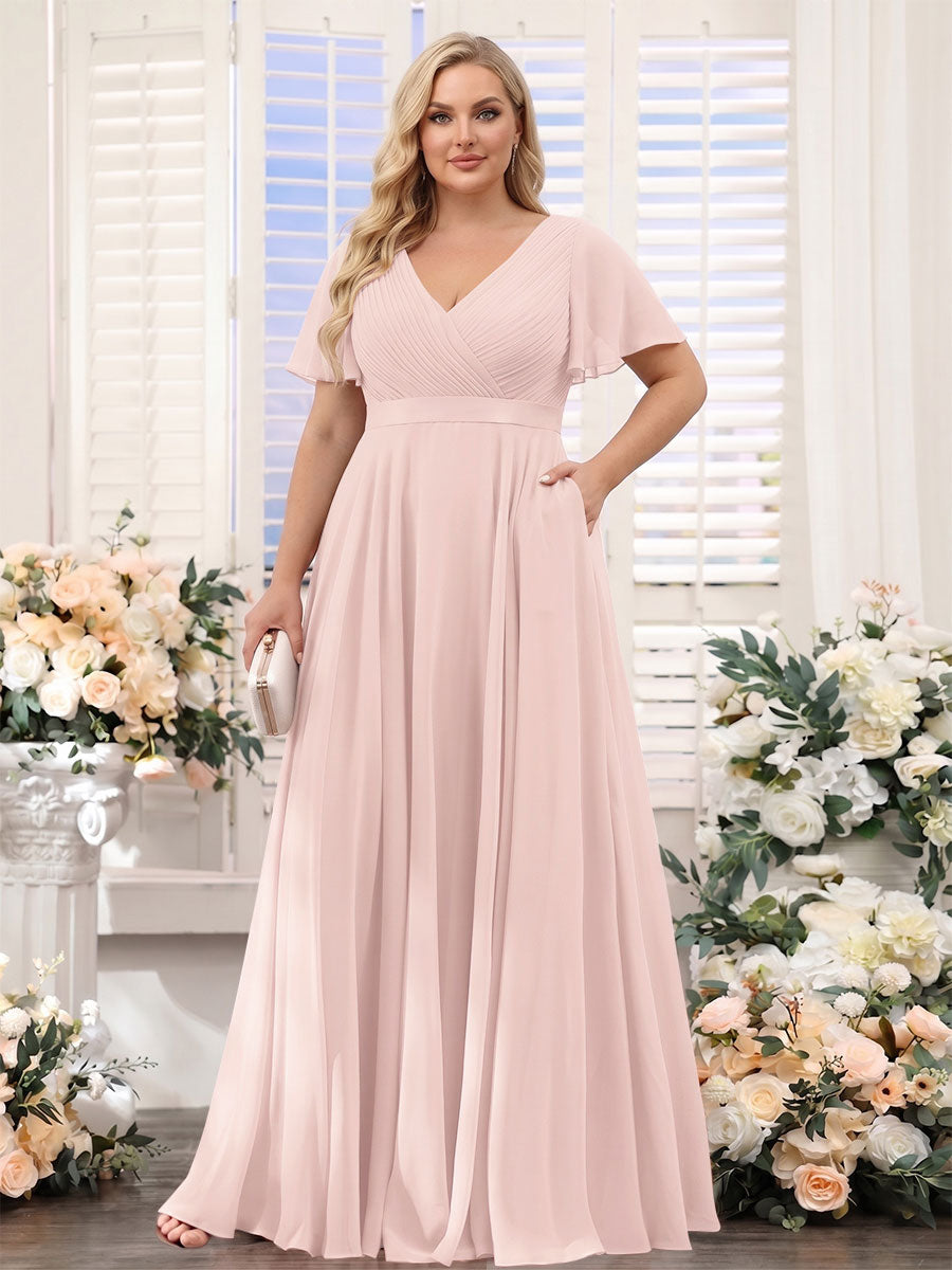 A-Line V-Neck Short Sleeves Chiffon Plus Size Bridesmaid Dresses with Pockets