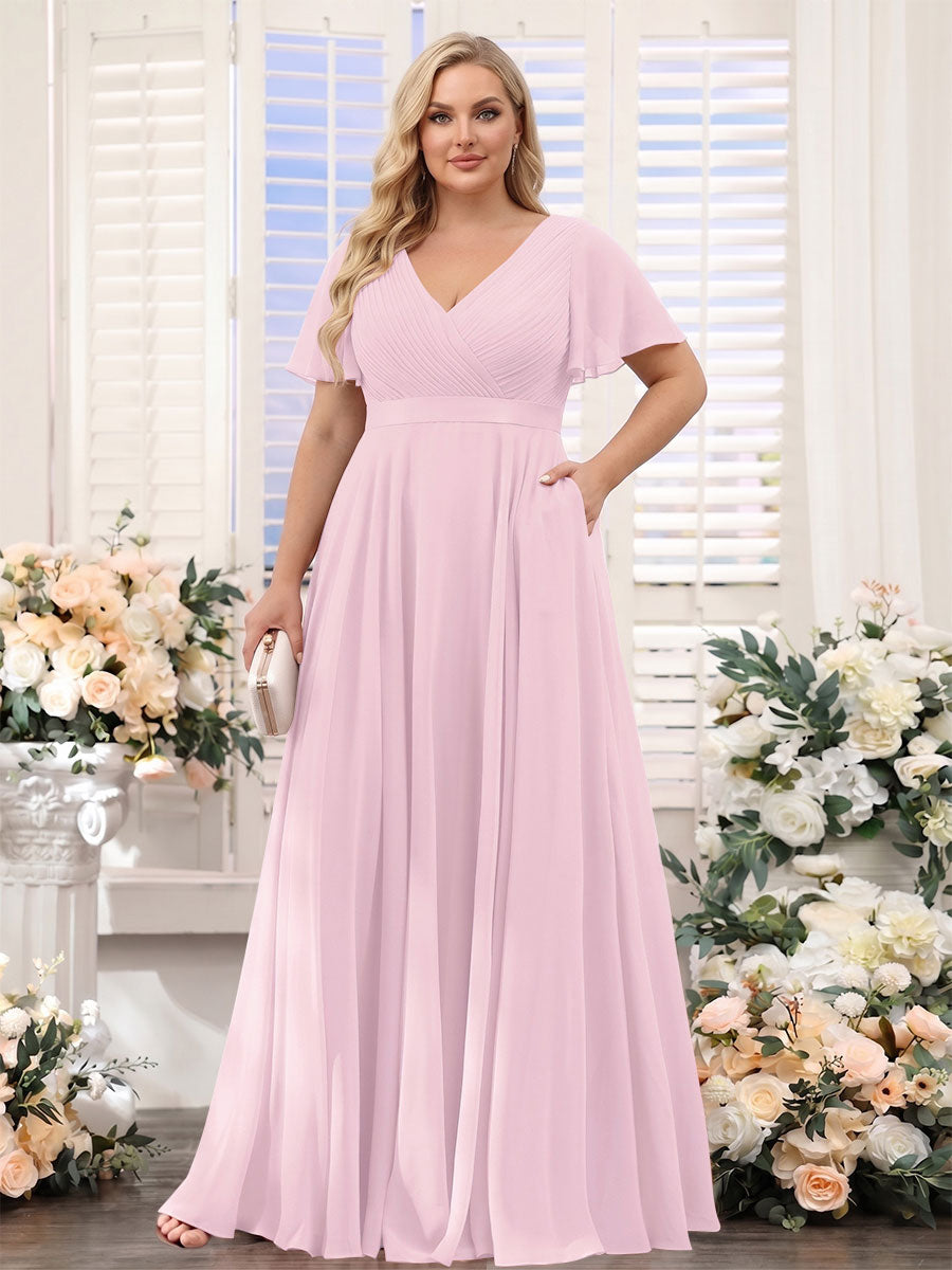 A-Line V-Neck Short Sleeves Chiffon Plus Size Bridesmaid Dresses with Pockets