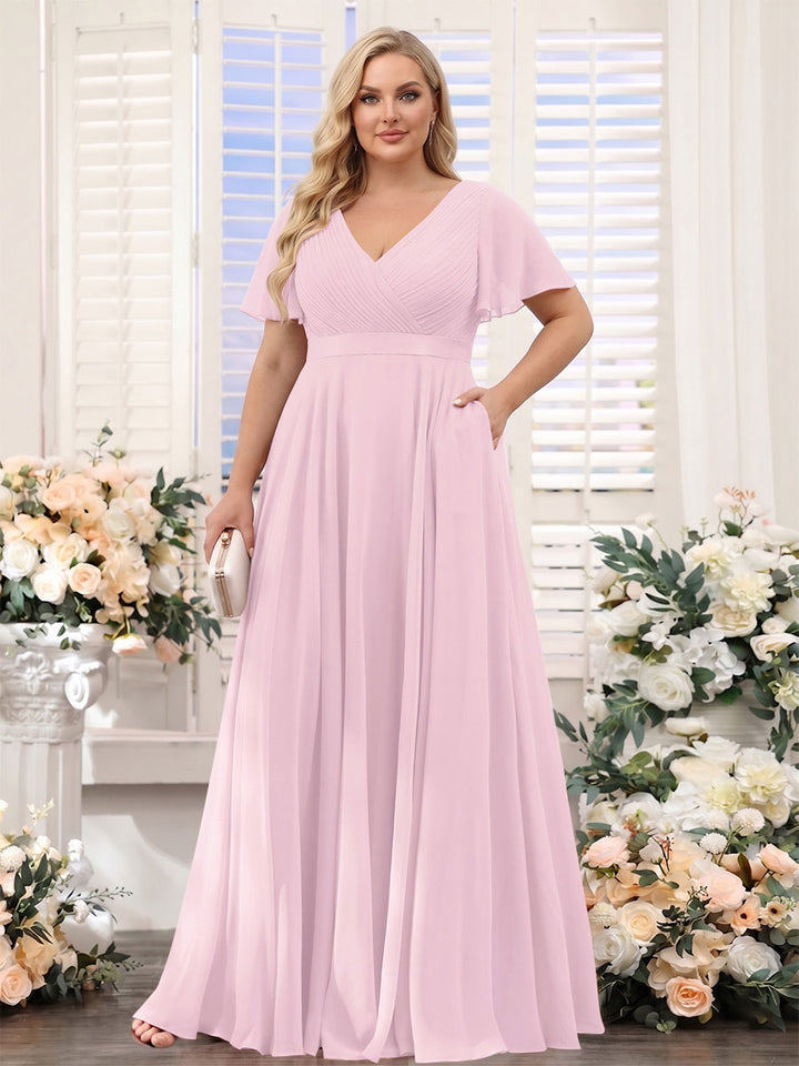 A-Line V-Neck Short Sleeves Chiffon Plus Size Bridesmaid Dresses with Pockets