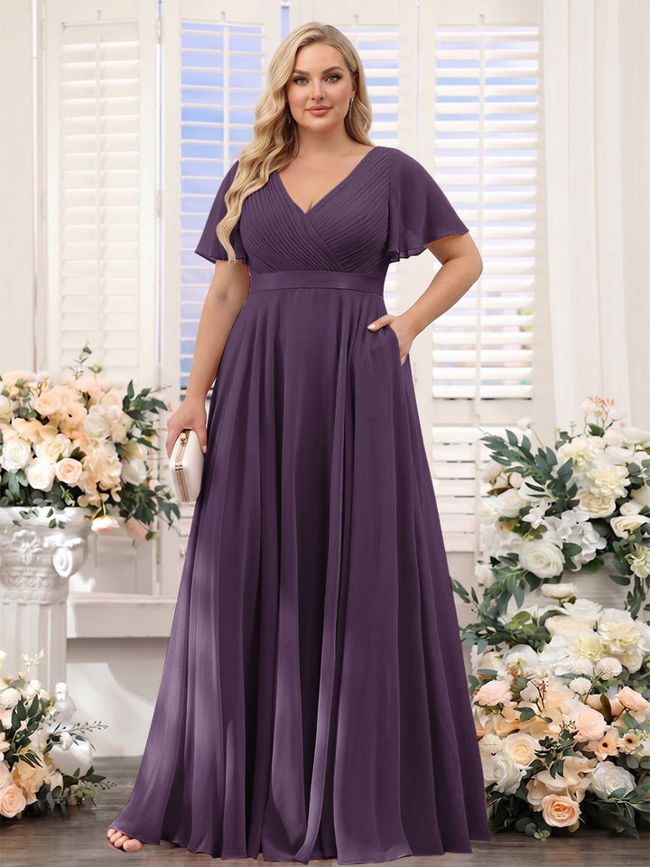 A-Line V-Neck Short Sleeves Chiffon Plus Size Bridesmaid Dresses with Pockets