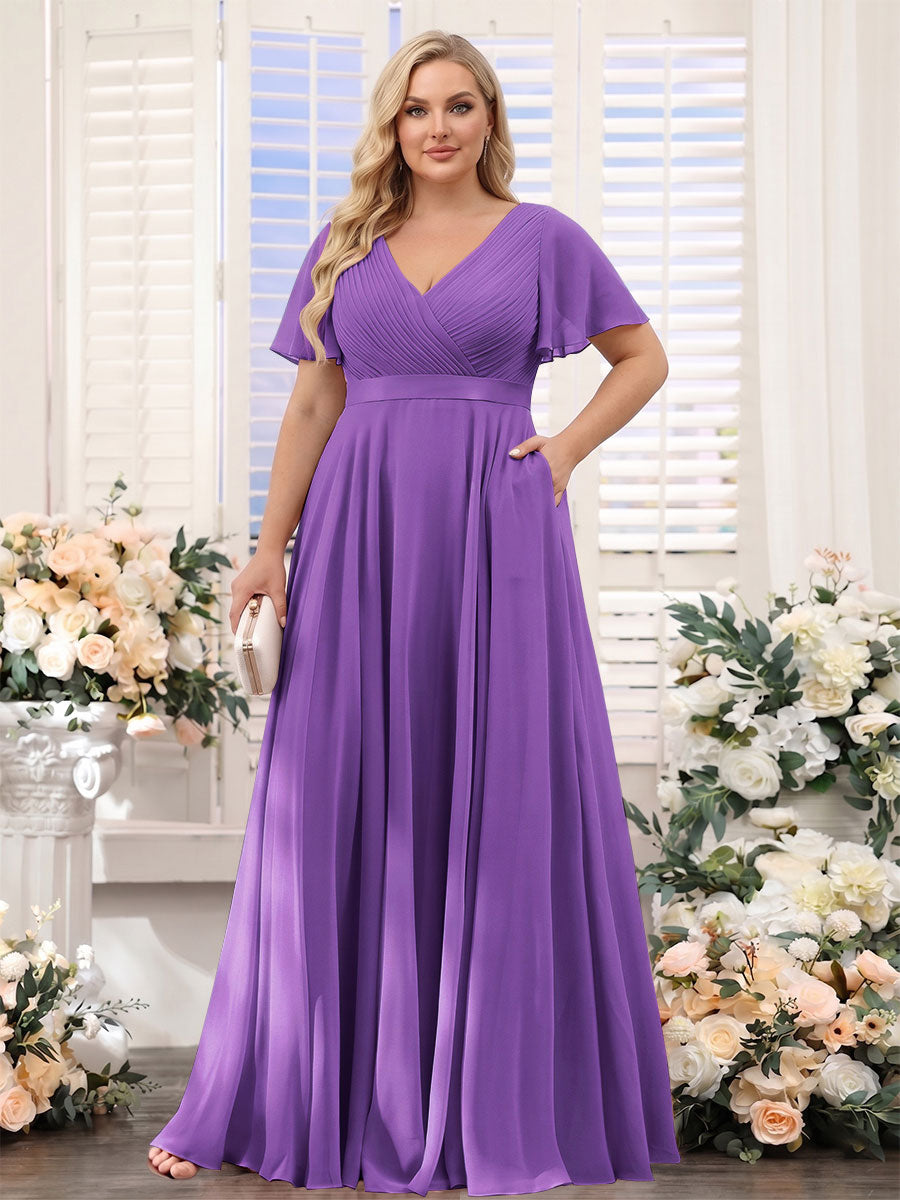 A-Line V-Neck Short Sleeves Chiffon Plus Size Bridesmaid Dresses with Pockets