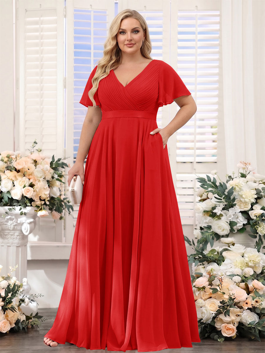 A-Line V-Neck Short Sleeves Chiffon Plus Size Bridesmaid Dresses with Pockets