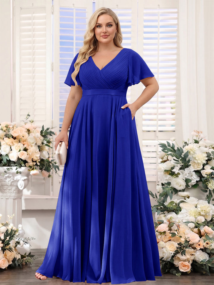 A-Line V-Neck Short Sleeves Chiffon Plus Size Bridesmaid Dresses with Pockets