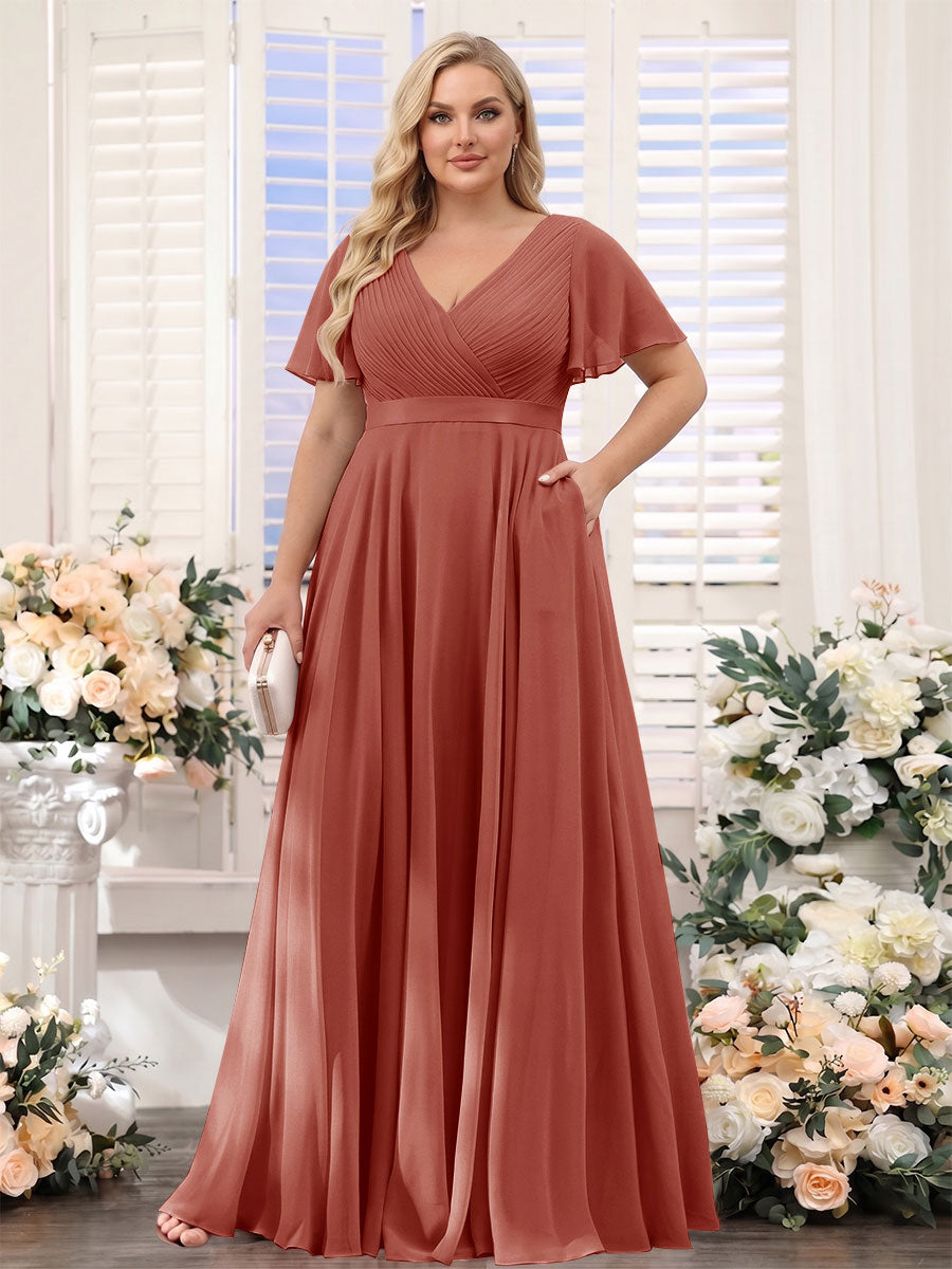 A-Line V-Neck Short Sleeves Chiffon Plus Size Bridesmaid Dresses with Pockets