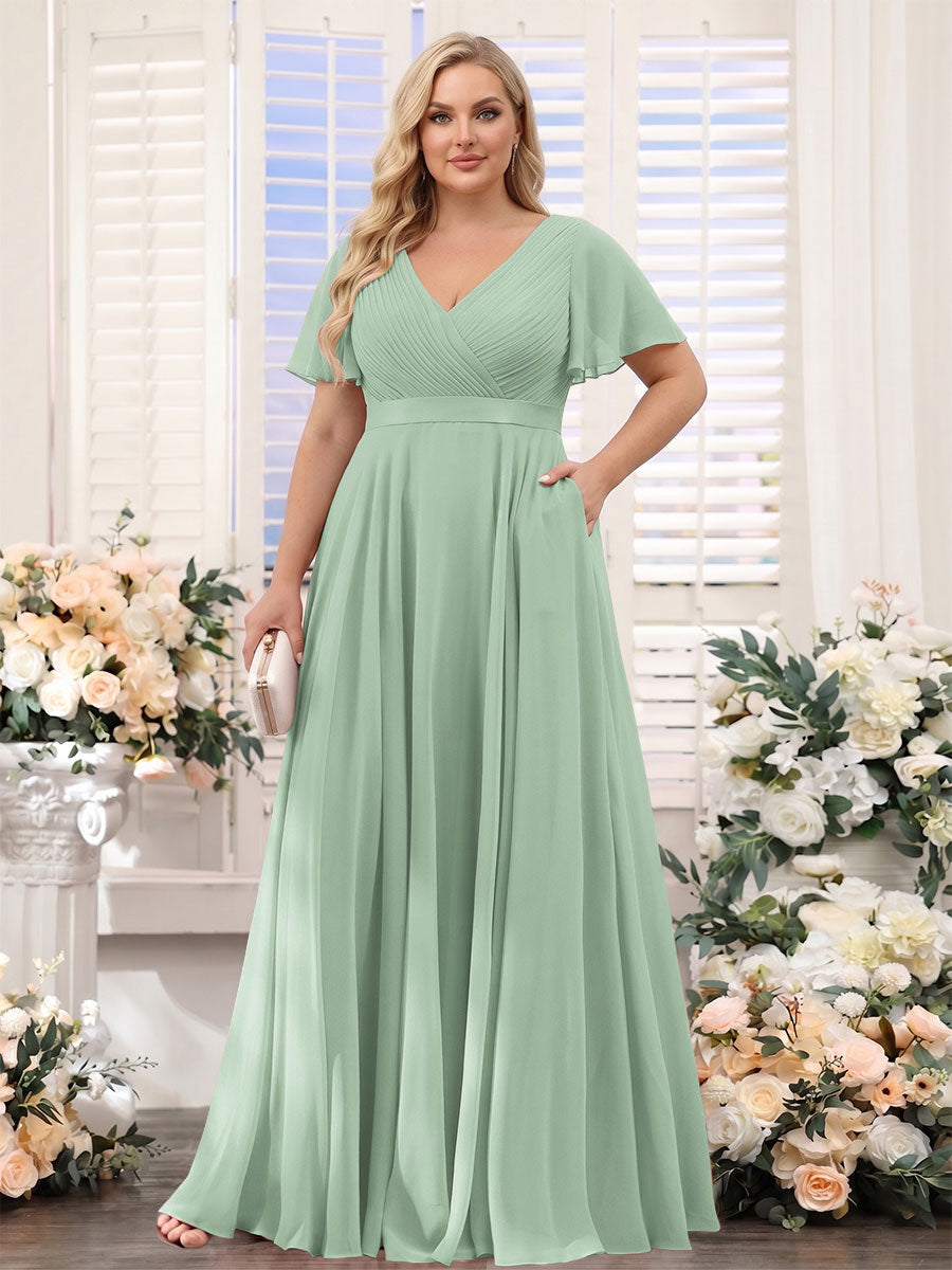 A-Line V-Neck Short Sleeves Chiffon Plus Size Bridesmaid Dresses with Pockets