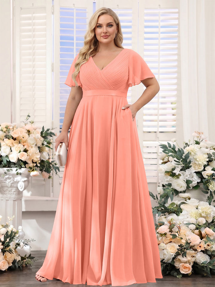 A-Line V-Neck Short Sleeves Chiffon Plus Size Bridesmaid Dresses with Pockets