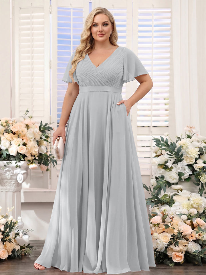 A-Line V-Neck Short Sleeves Chiffon Plus Size Bridesmaid Dresses with Pockets