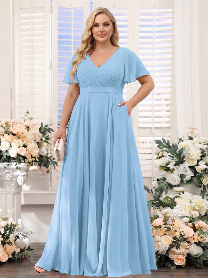 A-Line V-Neck Short Sleeves Chiffon Plus Size Bridesmaid Dresses with Pockets