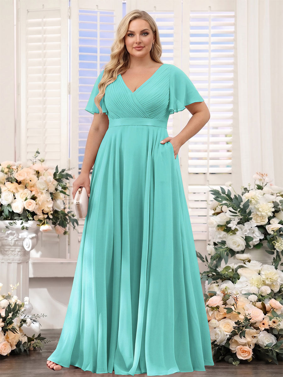 A-Line V-Neck Short Sleeves Chiffon Plus Size Bridesmaid Dresses with Pockets
