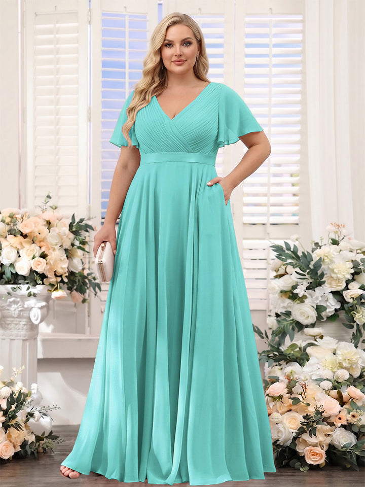 A-Line V-Neck Short Sleeves Chiffon Plus Size Bridesmaid Dresses with Pockets