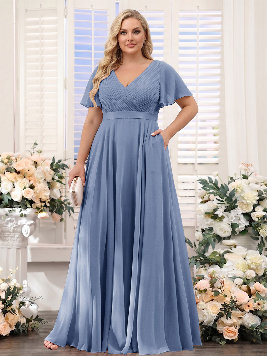 A-Line V-Neck Short Sleeves Chiffon Plus Size Bridesmaid Dresses with Pockets