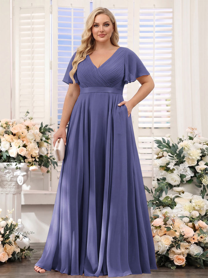 A-Line V-Neck Short Sleeves Chiffon Plus Size Bridesmaid Dresses with Pockets