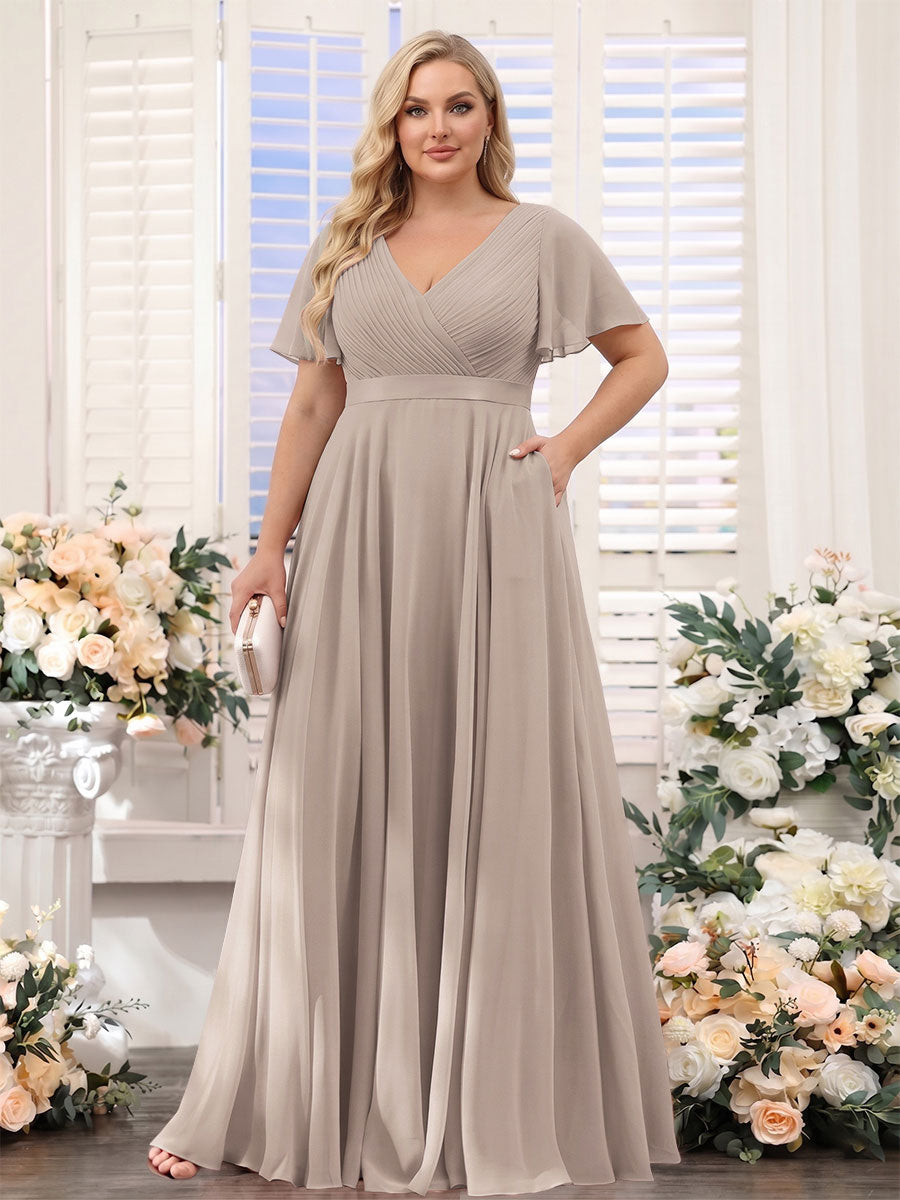 A-Line V-Neck Short Sleeves Chiffon Plus Size Bridesmaid Dresses with Pockets