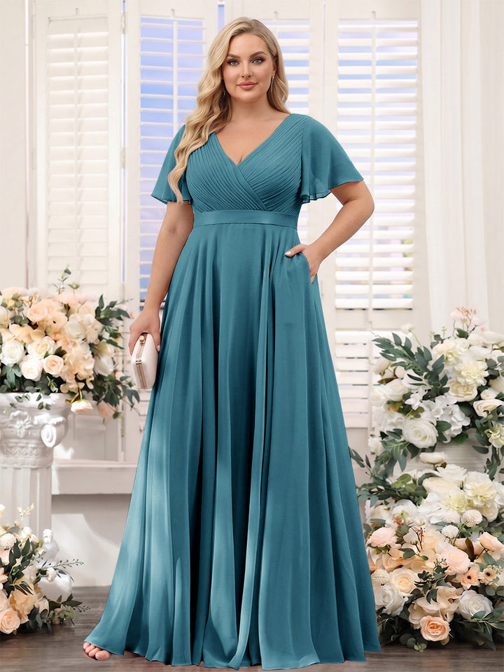 A-Line V-Neck Short Sleeves Chiffon Plus Size Bridesmaid Dresses with Pockets