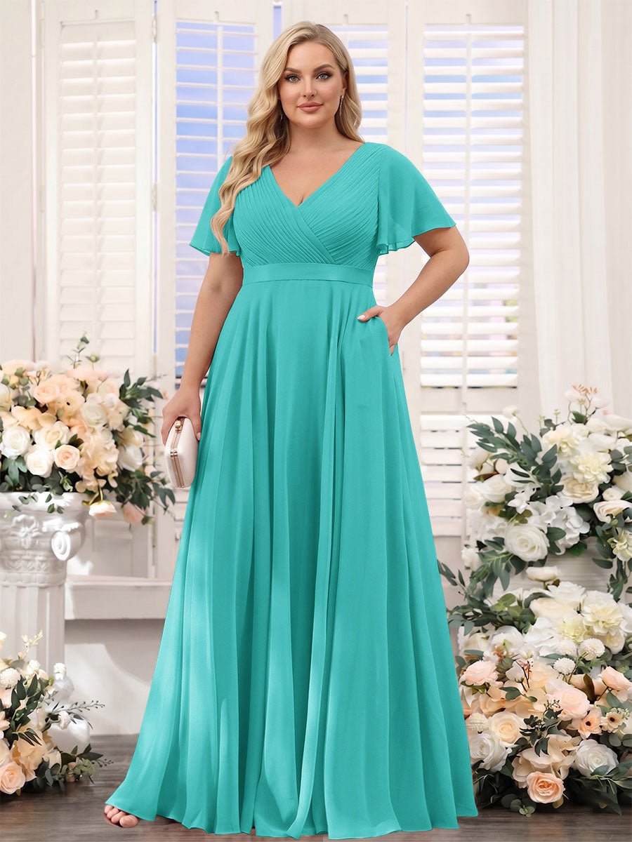 A-Line V-Neck Short Sleeves Chiffon Plus Size Bridesmaid Dresses with Pockets