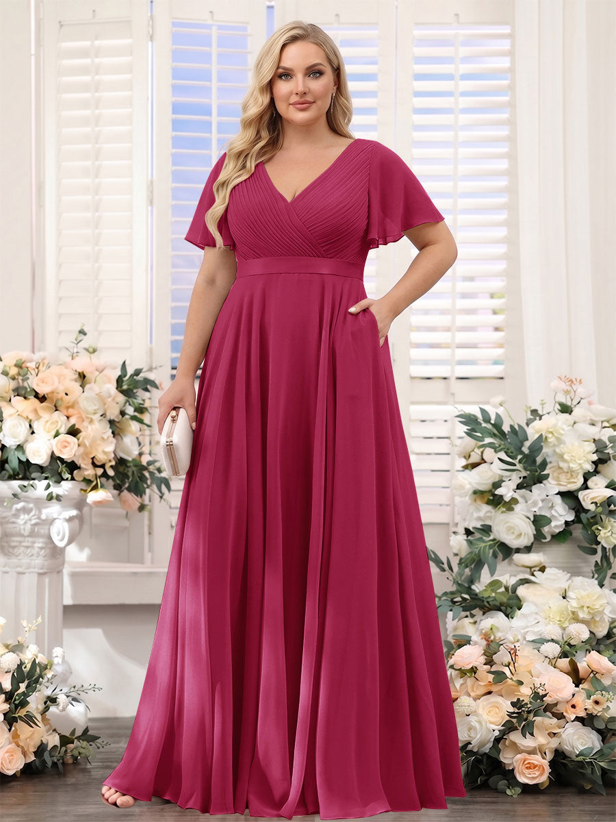 A-Line V-Neck Short Sleeves Chiffon Plus Size Bridesmaid Dresses with Pockets