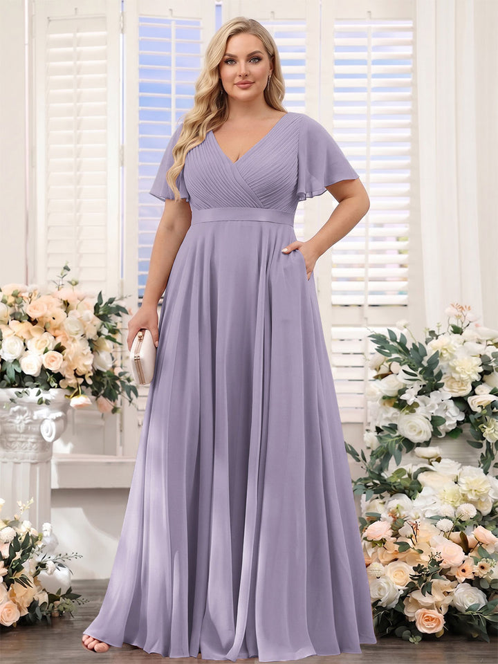 A-Line V-Neck Short Sleeves Chiffon Plus Size Bridesmaid Dresses with Pockets