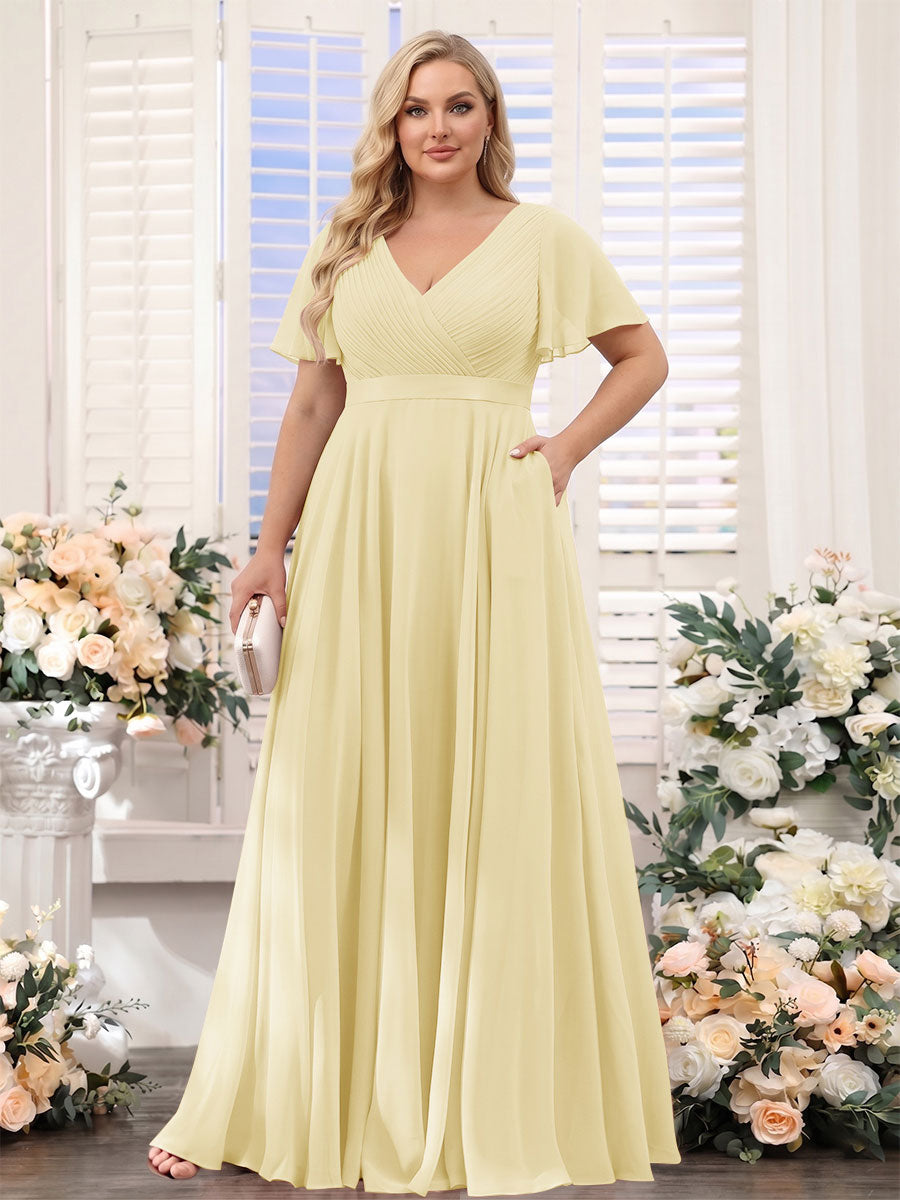 A-Line V-Neck Short Sleeves Chiffon Plus Size Bridesmaid Dresses with Pockets