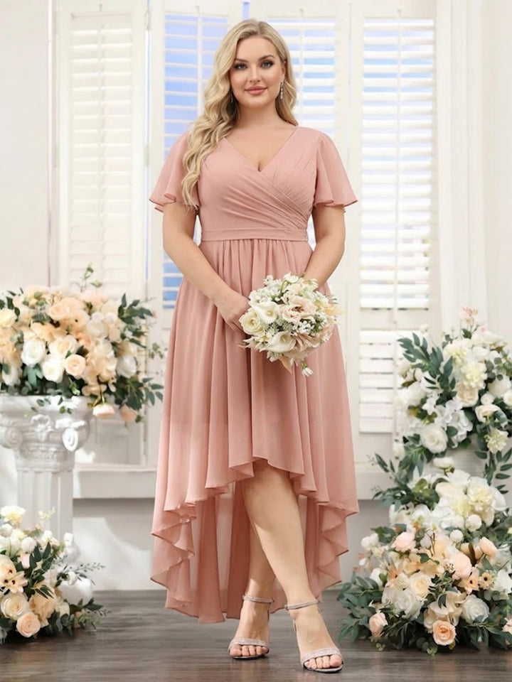 A-Line V-Neck Short Sleeves Ruched Asymmetrical Chiffon Plus Size Bridesmaid Dresses