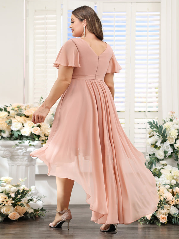 A-Line V-Neck Short Sleeves Ruched Asymmetrical Chiffon Plus Size Bridesmaid Dresses