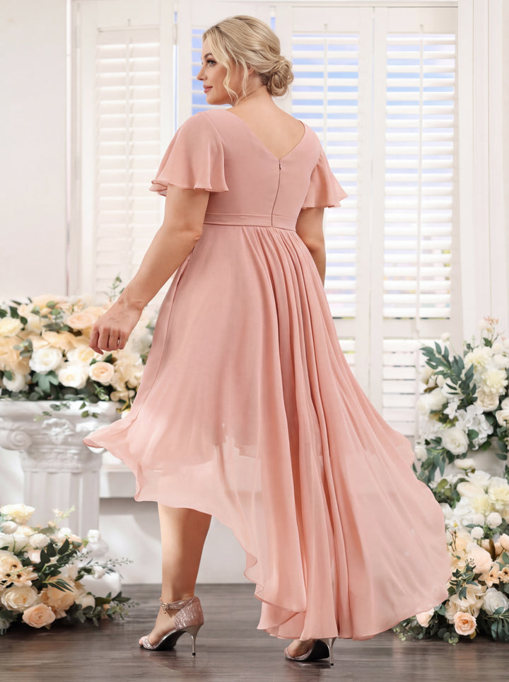 A-Line V-Neck Short Sleeves Ruched Asymmetrical Chiffon Plus Size Bridesmaid Dresses