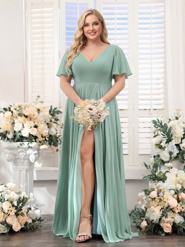 A-Line V-Neck Short Sleeves Split Side Ruffles Chiffon Plus Size Bridesmaid Dresses