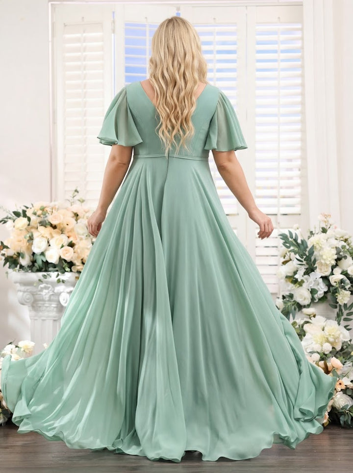 A-Line V-Neck Short Sleeves Split Side Ruffles Chiffon Plus Size Bridesmaid Dresses