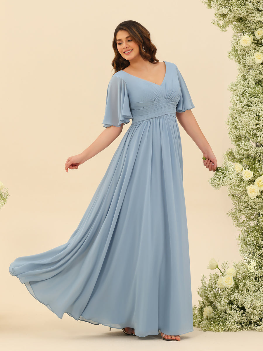 Modern A-Line/Princess V-Neck Half Sleeves Chiffon Ruffles Floor-Length Mother of the Bride Dress