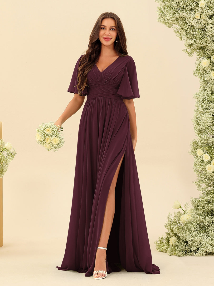burgundy bridesmaid dresses with sleeves Simple V Neck Tulle Long Prom Dress, Burgundy Dress US 16 / Burgundy this dress is perfect for all your special occasions Vintage Women Burgundy Bridesmaid Dress