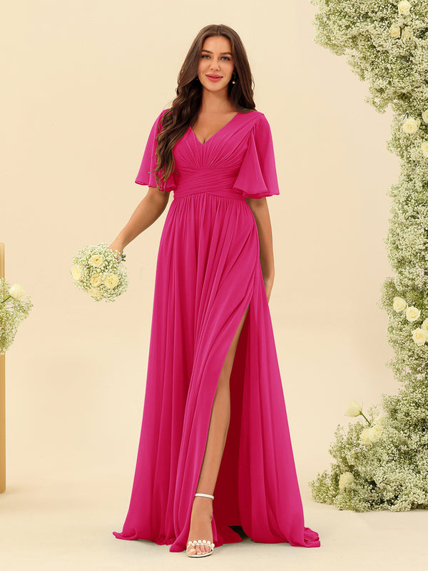 bridesmaid dresses hot pink Mermaid Hot Pink Slit Straps Simple Elegant Long Formal Bridesmaid Dre bridalsew